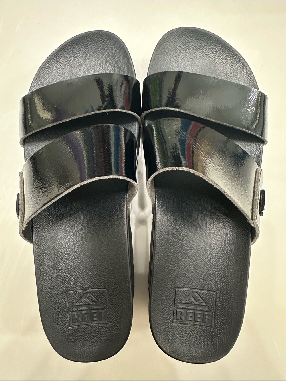 Reef Sandals Women’s Slides Cushion Vista Higher Black Platform Patent 6